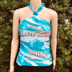 St. John Sport light blue white and brown tropical print halter top sz m
